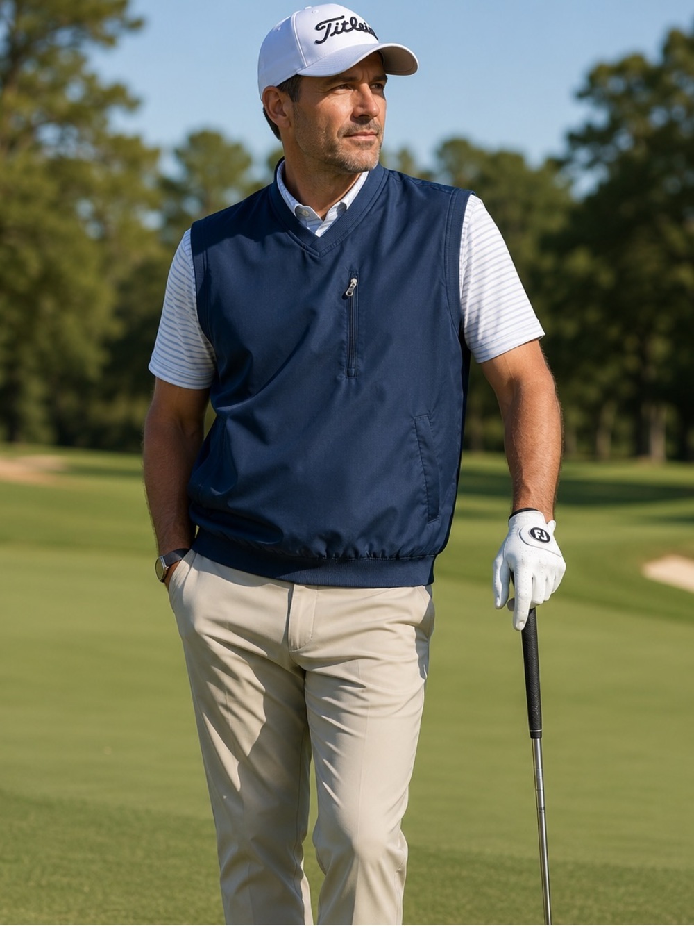 Trés Bien Men’s Golf Navy Lightweight Performance Wind Vest V-Neck Lined Large